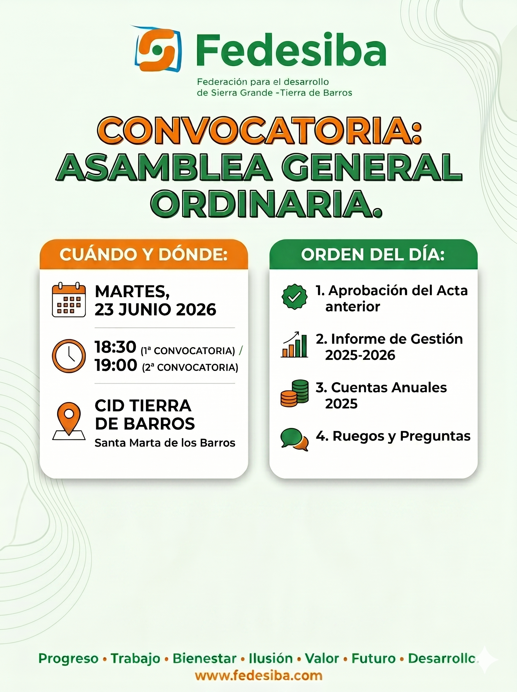 ASAMBLEA GENERAL DE FEDESIBA DÍA 23/06/2026 en SANTA MARTA DE LOS BARROS.